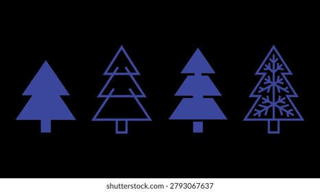 A horizontal arrangement of four different blue evergreen tree silhouettes, showcasing varied artistic styles and patterns