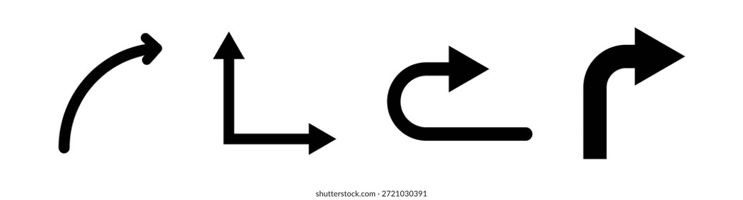 Uma disposição horizontal de quatro ícones distintos de seta preta sobre um fundo branco. Cada seta ilustra um tipo diferente de curva direcional: uma curva suave para cima, uma curva acentuada no ângulo direito, uma curva em U e uma curva arredondada no canto direito. Esses elementos gráficos são comumente usados para navegação, indicando mudança de direção, ou como símbolos de IU em aplicações digitais e sinalização.