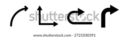A horizontal arrangement of four distinct black arrow icons on a white background. Each arrow illustrates a different type of directional turn: a gentle curve upwards, a sharp right-angle turn, a U-turn, and a rounded corner right turn. These graphic elements are commonly used for navigation, indicating direction change, or as UI symbols in digital applications and signage.