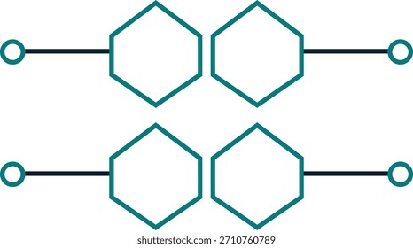Disposición Horizontal de cuatro nodos hexagonales interconectados con líneas, aptos para escalones.