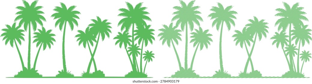 A horizontal arrangement of green palm tree silhouettes on a white background. The palm trees vary in size and shape, with some having multiple trunks and others having a single trunk. The trees are depicted in a simple, flat style with no shading or texture. The a total of 16 palm trees, arranged in two rows.
