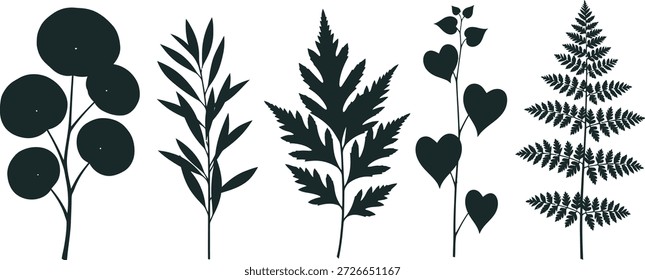 Horizontale Anordnung von sechs verschiedenen Pflanzenarten in schwarzer Silhouette auf einfarbigem, weißem Hintergrund zur Illustration oder zur Verwendung als Design