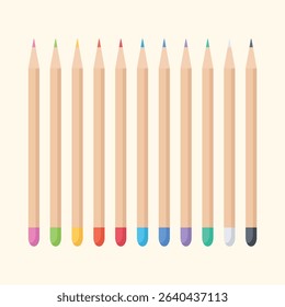 Horizontal arrangement of various colored pencils against a light background. The pencils are depicted in a flat design style, showcasing different colored lead tips, against a light beige background.