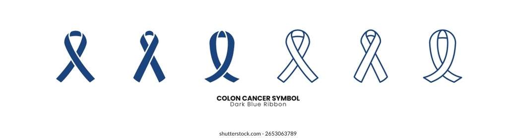 A horizontal array of diverse dark blue ribbon colon cancer awareness symbols, ideal for medical and support campaigns