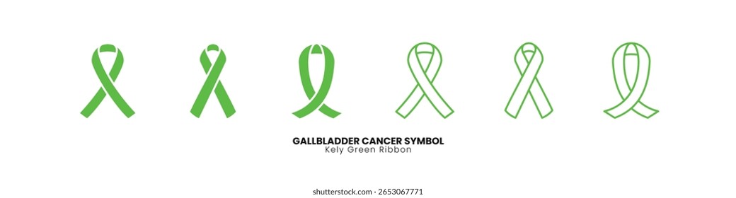 A horizontal array of diverse kelly green ribbon gallbladder cancer awareness symbols, ideal for medical and support campaigns
