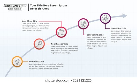 Horizontal Arrow Infographic Timeline with 5 Steps on a 16:9 Layout for Business Presentations, Management, and Evaluation.