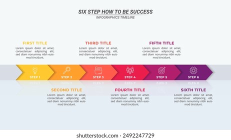 Línea de tiempo de infografía de flecha Horizontal con 6 pasos en un diseño 16:9 para presentaciones de negocios, administración y evaluación.