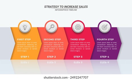 Horizontal Arrow Infographic Timeline in Sequence with 4 Steps on a 16:9 Layout for Business Presentations, Management, and Evaluation.