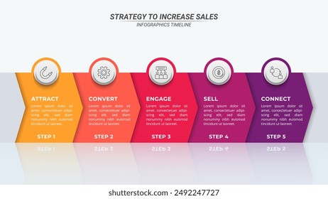 Horizontal Arrow Infographic Timeline in Sequence with 5 Steps on a 16:9 Layout for Business Presentations, Management, and Evaluation.
