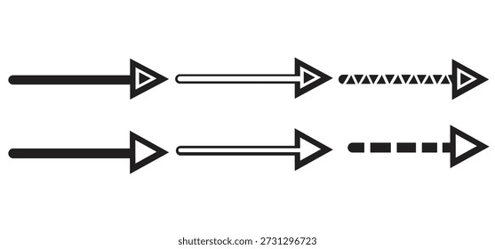 Horizontal Arrow Line Icons Set with Solid and Dashed Styles Isolated on White Background