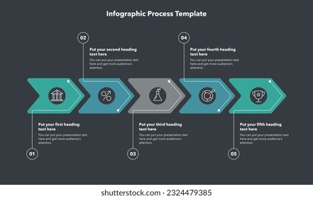 Horizontal arrow process template with five steps - dark version. Flat infographic design, easy to use for your website or presentation.