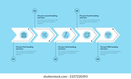 Plantilla de proceso de flecha horizontal con cinco pasos - versión azul. Diseño de infografía plana, fácil de usar para su sitio web o presentación.