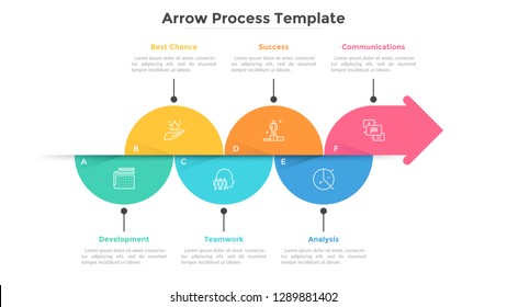 Horizontal arrow-like chart consisted of colorful semi-circular elements. Flat infographic design template. Concept of 6 steps of company's development process. Vector illustration for progress bar.