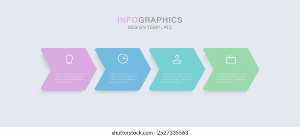 Infografía de proceso de flechas Horizontales. Plantilla de diseño neumórfico con 4 opciones