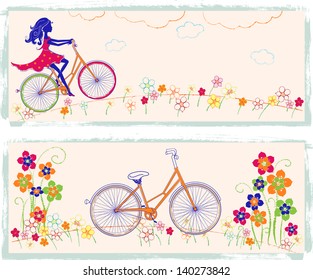 Horizontal art-illustrations with girl on bike and flowers