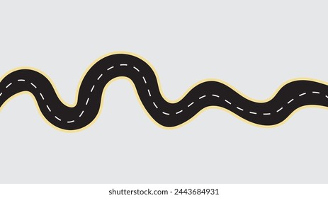 Plantilla de asfalto horizontal. Ilustración de vector de carretera sinuosa. Marca de carretera sin costura aislada sobre fondo blanco.