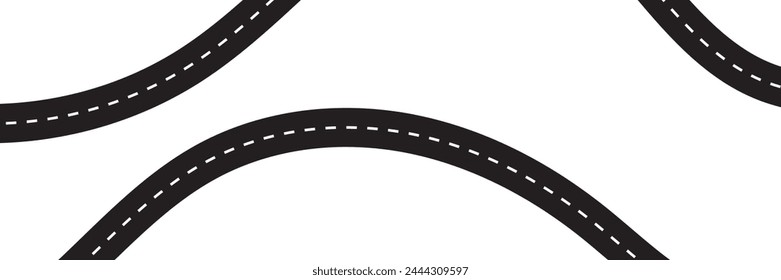 Horizontal asphalt road template. Winding road vector illustration. Seamless highway marking Isolated on background. Empty winding asphalt road with marking. Horizontal aerial view.