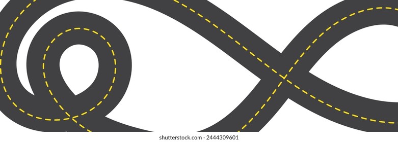 Horizontal asphalt road template. Winding road vector illustration. Seamless highway marking Isolated on background. Empty winding asphalt road with marking. Horizontal aerial view.