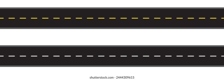 Horizontal asphalt road template. Winding road vector illustration. Seamless highway marking Isolated on background. Empty winding asphalt road with marking. Horizontal aerial view.