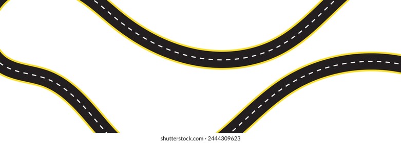 Horizontal asphalt road template. Winding road vector illustration. Seamless highway marking Isolated on background. Empty winding asphalt road with marking. Horizontal aerial view.