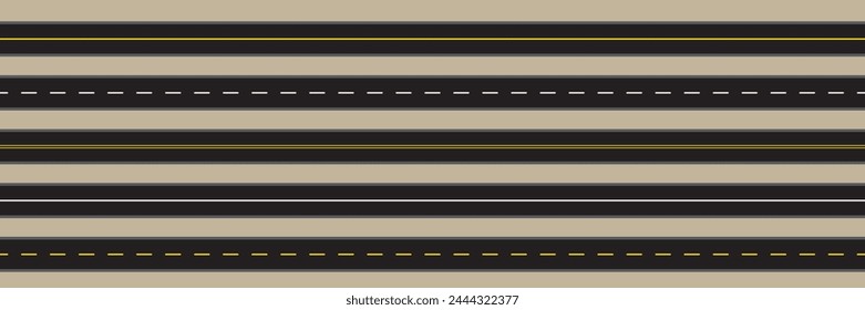Plantilla Horizontal de asfalto. Ilustración vectorial sinuosa de la carretera. Marca de carretera sin costuras Aislado en el fondo. Carretera asfáltica vacía con señalización. Horizontal vista Aéreas.
