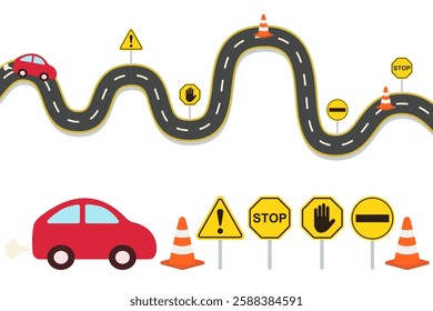 Horizontal asphalt road template. Winding road vector illustration. Seamless highway marking Isolated on background.