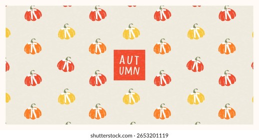 Horizontal Autumn background  with bright colorful pumpkins with bows. Modern fall design template for thanksgiving, card, web, banner, sale, poster, flyer, cover, social media, ads, season decor