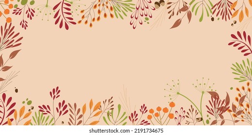Horizontal Autumn background with different flower and botanical leaves. copy space.