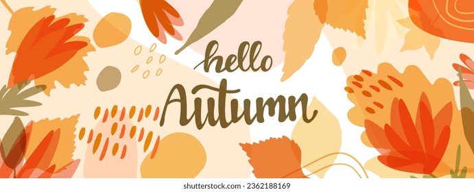 Horizontal Autumn background with fallen leaves, abstract orange flowers, highlights, shapes, spots. Modern banner design with space for text, advertising, promotions, discounts, etc.