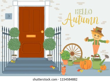 Horizontal autumn background. Hello Autumn with  brick house facade, door and garden tools. Editable vector illustration