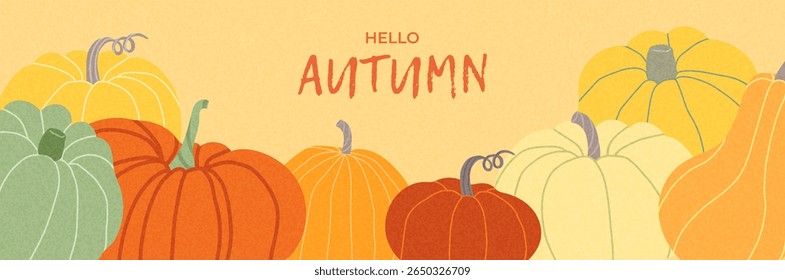 Horizontal autumn banner with cozy pumpkin arrangement in orange, yellow, and cream tones. Hand drawn harvest vegetables on warm background for thanksgiving or seasonal ads