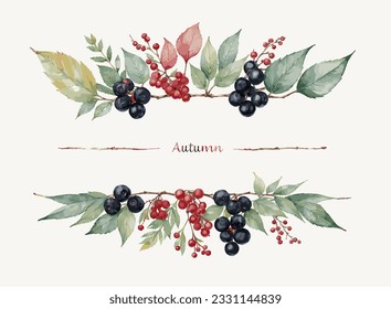 Horizontal autumn banner with fall botanical elements at the top and bottom. Free space for text in the center. Vector illustration in watercolor style