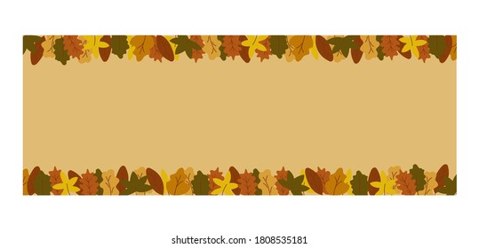 Horizontal autumn banner panorama from leaves. Suitable for event fall invitations, promotions, thanksgiving and social media. Colorful vector illustration flat style