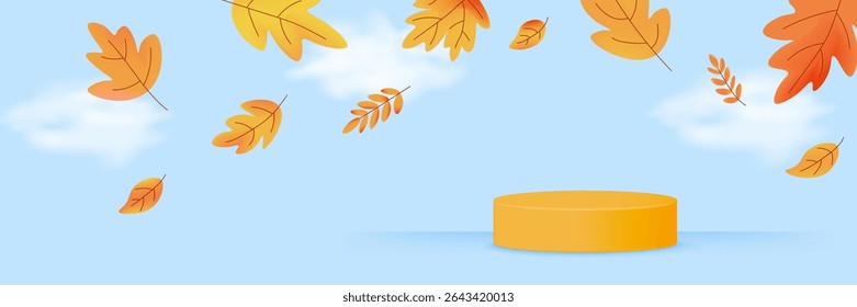 Horizontal autumn banner with yellow podium and swirling foliage on sky background. Great for web headers and fall promotions. Vector illustration