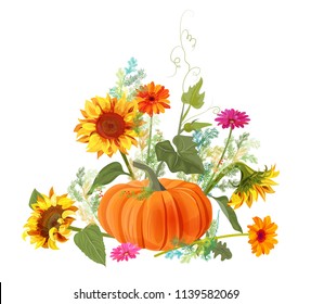 Horizontal autumn border: orange pumpkin, yellow sunflowers, gerbera daisy flower, small green twigs of Asparagus on white background. Digital draw, illustration in watercolor style for design, vector