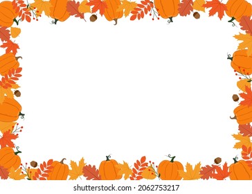Horizontal Autumn frame. Pumpkins, leaves, berries and acorns. Background for autumn decorative design. Isolated vector illustration 