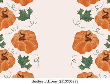horizontal autumn poster with orange round bulging pumpkins and various autumn leaves located on both sides of the poster, vector