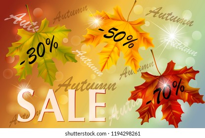 Horizontal autumn sale banner with falling leaves. Poster for fall seasonal shopping. Shop market poster design. Autumn background for season discount.