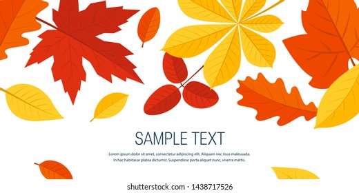 Horizontal autumn template for designs, banners, cards, posters etc. Vector illustration with colorful leaves in flat style