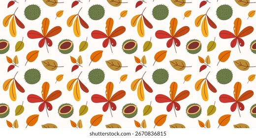 Horizontal autumnal seamless pattern with different chestnut and simple leaves, prickly nut. Bright flat vector illustration. Creative solution for background, fabric print, web, packaging, wallpaper.