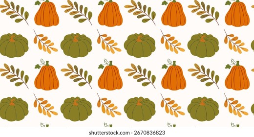 Horizontal patrón otoñal sin fisuras con calabazas y hojas naranjas y verdes sobre fondo blanco. Colorida Ilustración vectorial plana. Ideal para telón de fondo, textil, Web, embalaje, Fondo de pantalla.