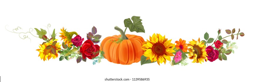 Horizontal autumn's border: orange pumpkin, sunflowers, red roses, gerbera daisy flowers, small green twigs on white background. Digital draw, illustration in watercolor style, panoramic view, vector