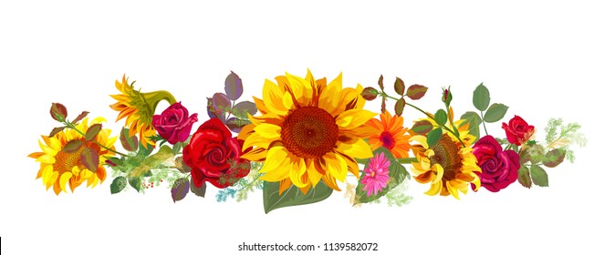 Horizontal autumn's border: orange  yellow sunflowers  red roses  gerbera daisy flowers  small green twigs white background  Digital draw  illustration in watercolor style  panoramic view  vector