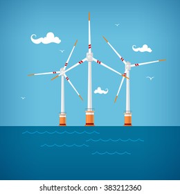 Horizontal Axis Wind Turbines at the Sea off the Coast , Offshore Wind Farm, Vector Illustration