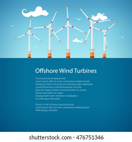  Horizontal Axis Wind Turbines At Sea Off The Coast , Offshore Wind Farm, Poster Brochure Flyer Design, Vector Illustration   