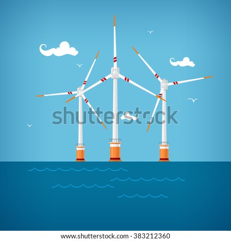 Horizontal Axis Wind Turbines at the Sea off the Coast , Offshore Wind Farm, Vector Illustration