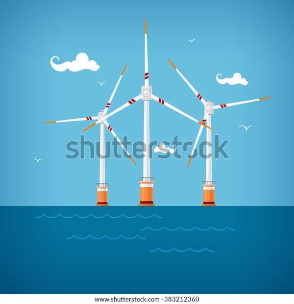 Horizontal Axis Wind Turbines at the
Sea off the Coast , Offshore Wind Farm, Vector
Illustration