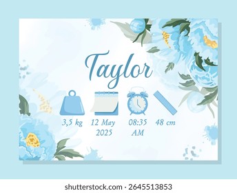 Horizontal baby birth details poster with blue design and cute elements for boy announcement card