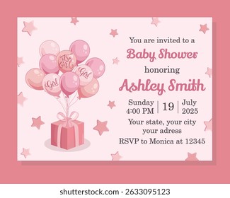 Horizontal baby shower invitation with pink balloons and cute elements for welcoming a newborn baby girl