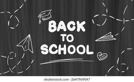Banner horizontal de volta à escola com fundo de quadro-negro, texto com efeito de textura e rabiscos desenhados à mão. Banner motivacional da escola com espaço para texto, anúncios e cartazes.
